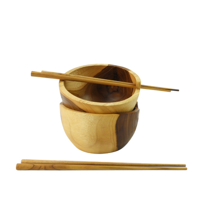 Set Of Two Natural Teak Soul Bowls With Chopsticks